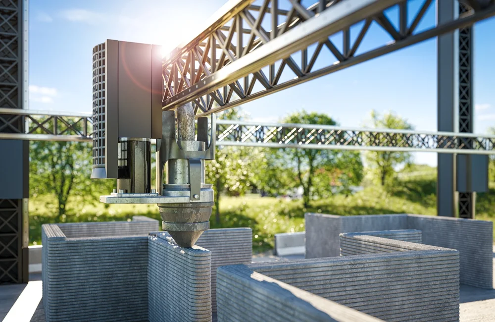 A large concrete structure featuring a prominent metal beam, showcasing innovative 3D printing technology in construction.