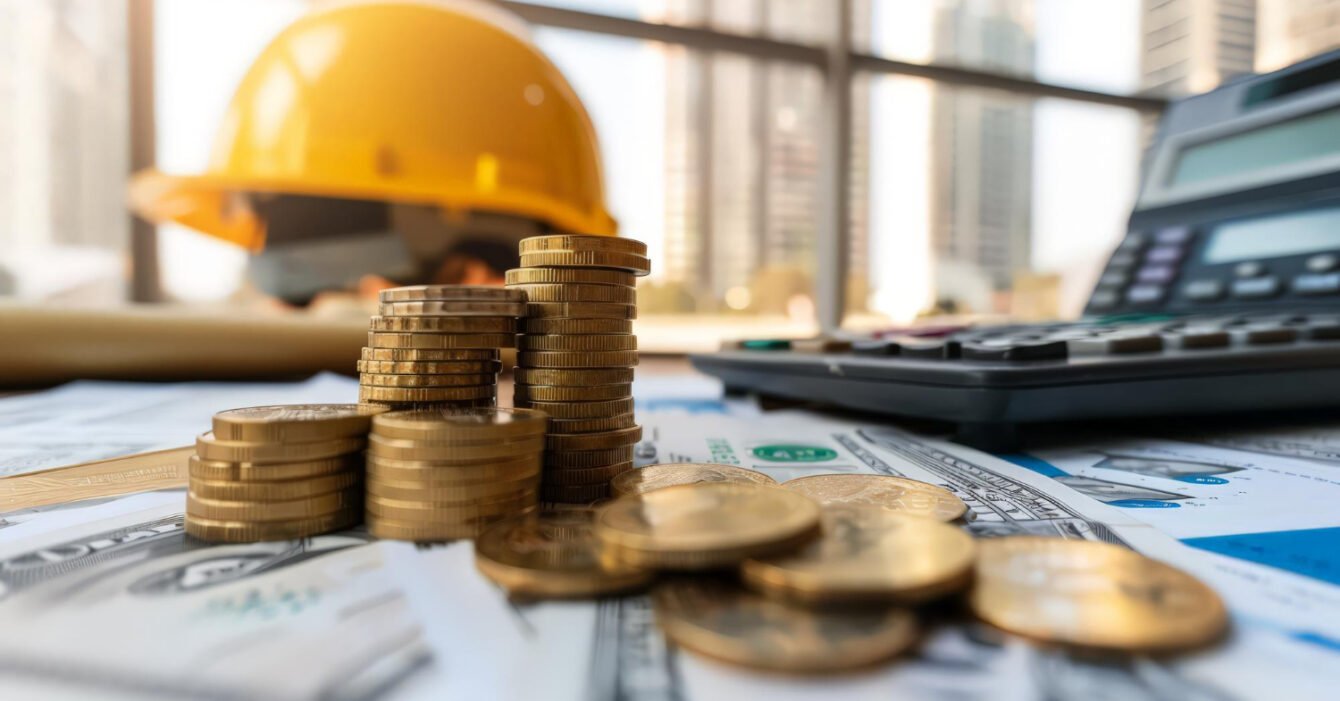 Stacks of coins, hardhat, and calculator on financial documents, symbolising the rise of Cambodia Construction Costs.