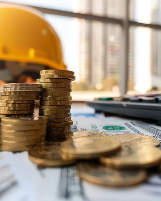16190 Stacks of coins, hardhat, and calculator on financial documents, symbolising the rise of Cambodia Construction Costs.