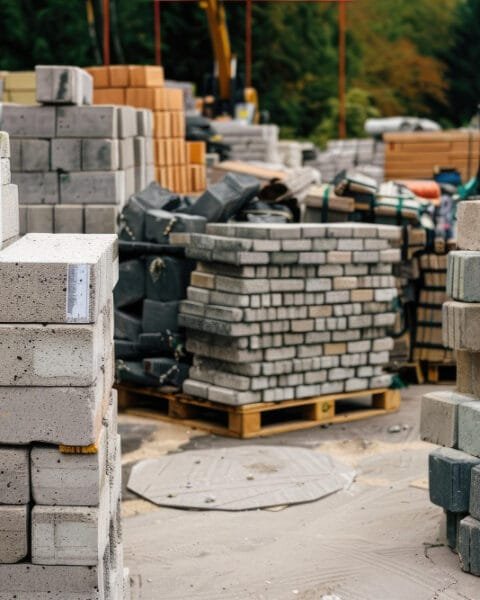 Piles of various paving stones and construction materials at a building site, representing Sustainable Materials in Cambodia Construction.