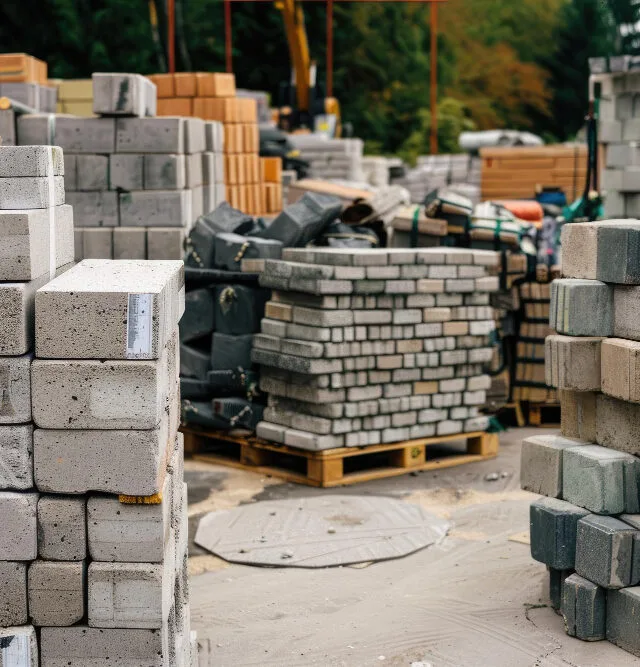 Piles of various paving stones and construction materials at a building site, representing Sustainable Materials in Cambodia Construction.