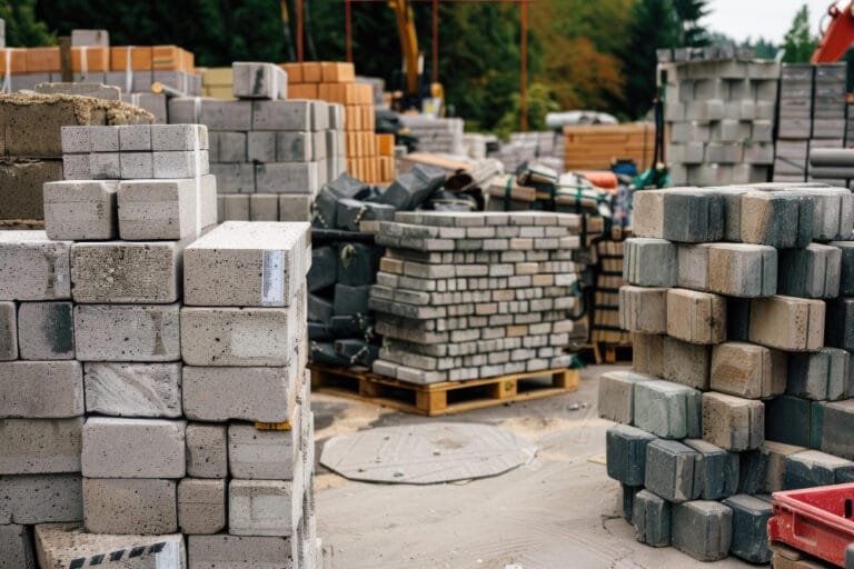 Piles of various paving stones and construction materials at a building site, representing Sustainable Materials in Cambodia Construction.