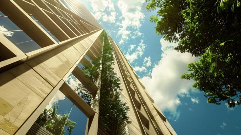 Low angle view of a tall building with green trees against a sunny sky, showing Cambodia Green Building Projects.