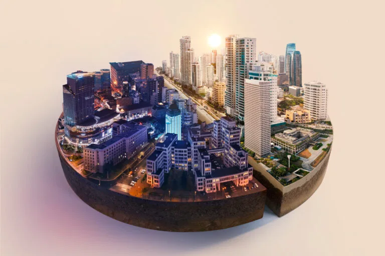 Cambodia Smart City Projects: A cityscape at sunset with buildings on a curved surface against a white background.