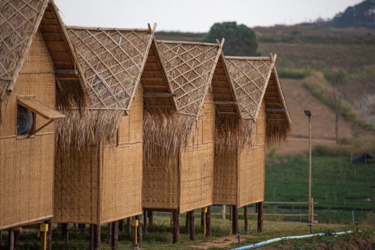 Cambodia Sustainable Materials Adoption: A row of elevated bamboo houses with thatched roofs in a rural setting.