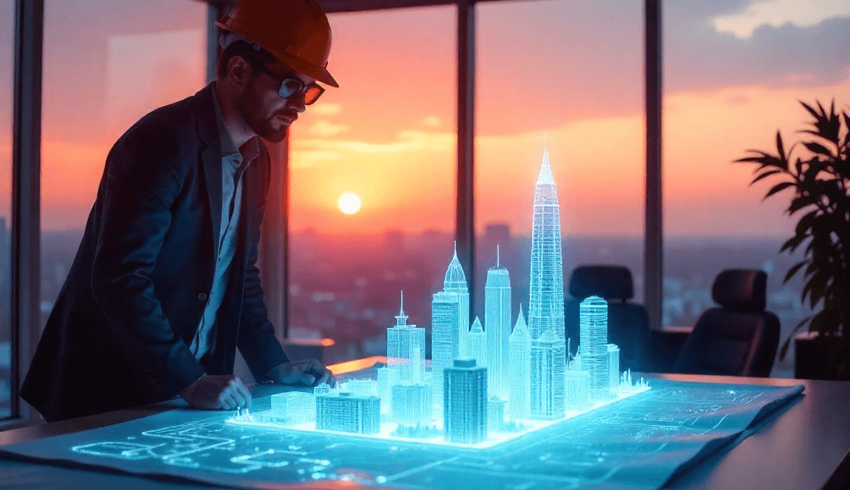 Cambodia Technology Integration: A person in a hardhat examines a holographic city model in a room at sunset.