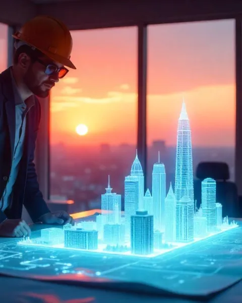 Cambodia Technology Integration: A person in a hardhat examines a holographic city model in a room at sunset.