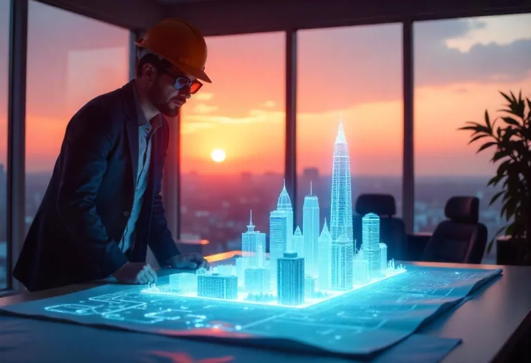 Cambodia Technology Integration: A person in a hardhat examines a holographic city model in a room at sunset.