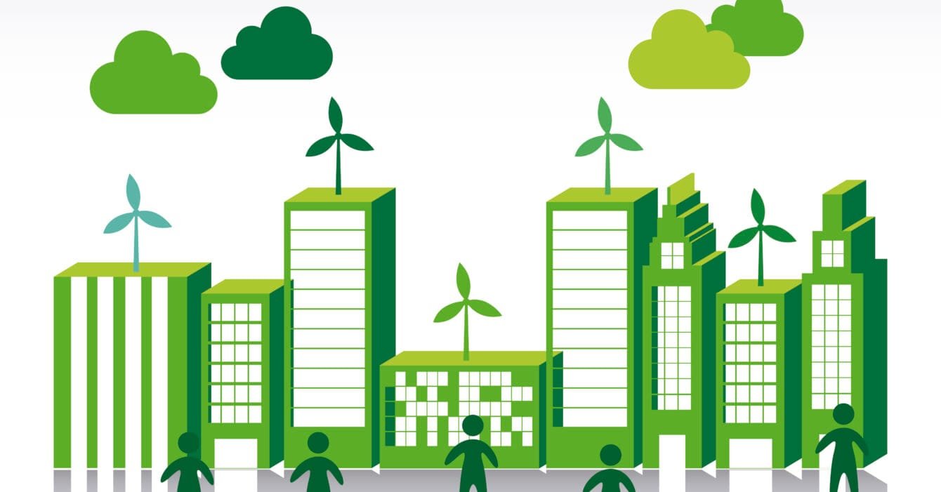 Cambodia Green Building Movement: Stylized green city skyline with wind turbines on buildings and silhouettes of people, symbolizing sustainability and eco-friendliness.