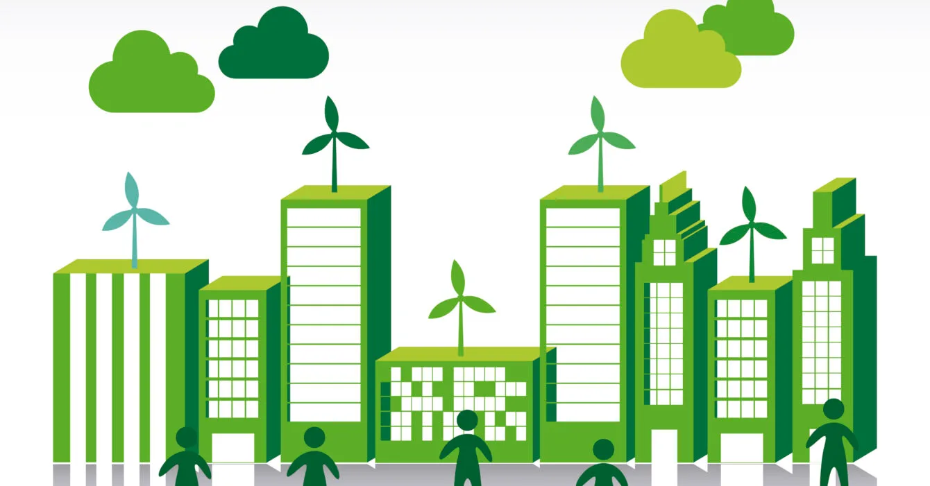 green city over white background vector illustration Cambodia Green Building Movement: Stylized green city skyline with wind turbines on buildings and silhouettes of people, symbolizing sustainability and eco-friendliness.