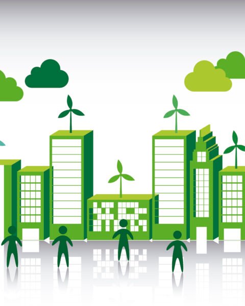 Cambodia Green Building Movement: Stylized green city skyline with wind turbines on buildings and silhouettes of people, symbolizing sustainability and eco-friendliness.