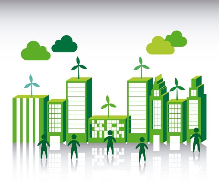 Cambodia Green Building Movement: Stylized green city skyline with wind turbines on buildings and silhouettes of people, symbolizing sustainability and eco-friendliness.