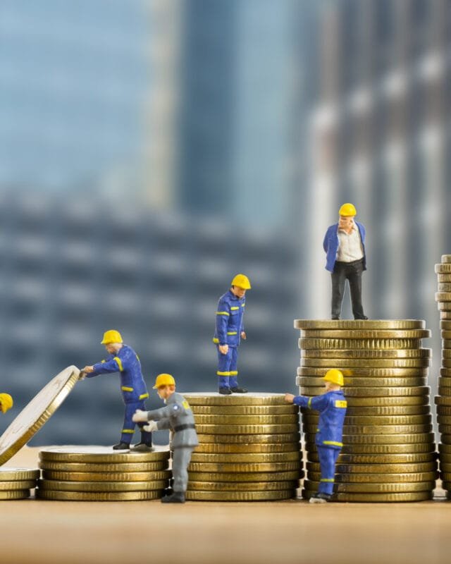 Cambodia Construction Financing Challenges: Miniature construction workers stack coins, symbolizing teamwork and growth in finance or investment against a city backdrop.
