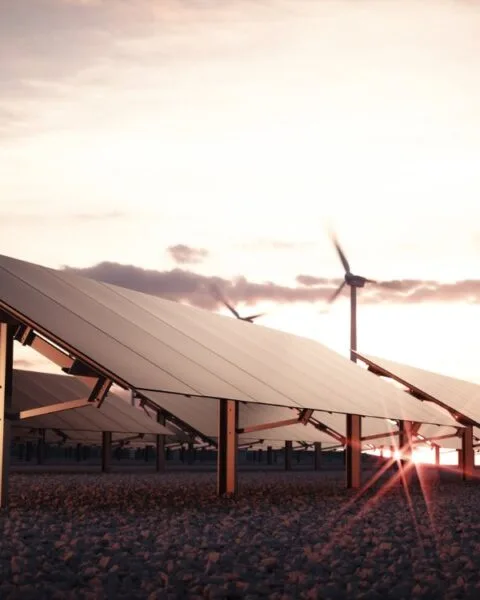 Cambodia Renewable Energy Prospects: A solar panel array at sunset, with wind turbines in the background, emphasizing renewable energy and sustainability.