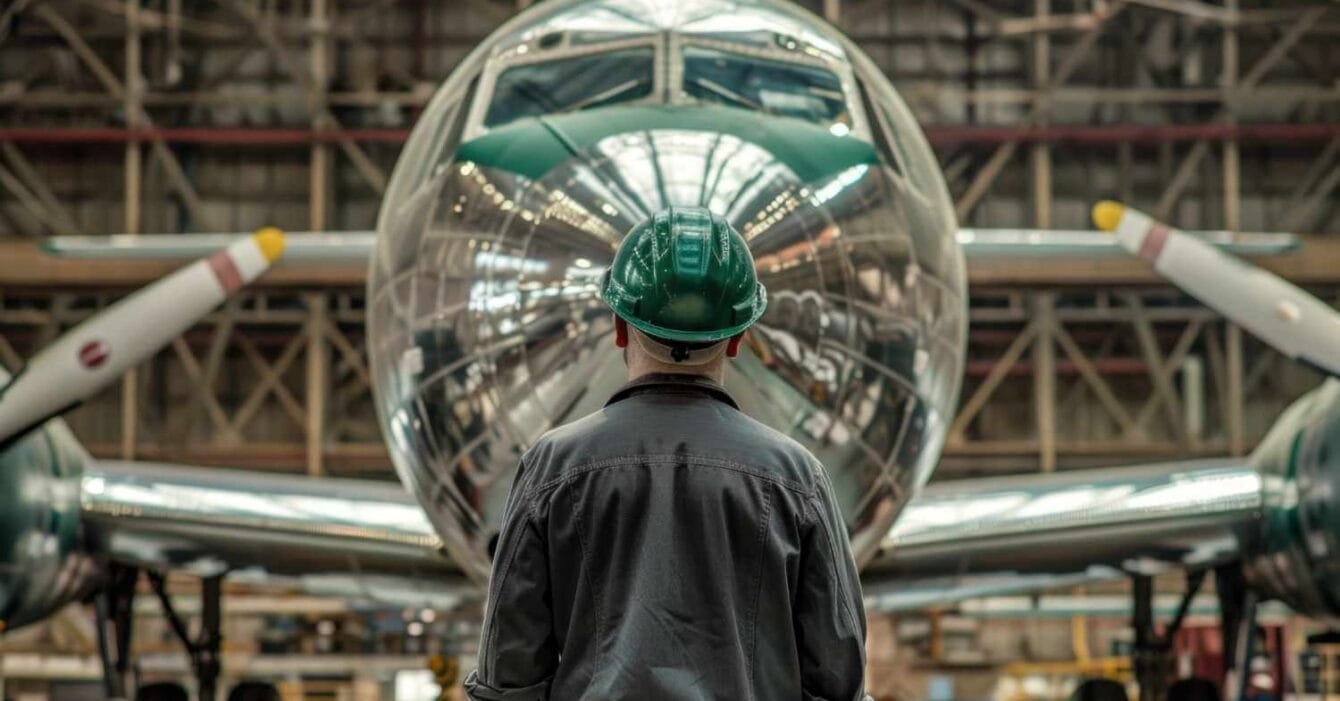 Cambodia Aviation Infrastructure Growth: A worker in a green hard hat stands facing a polished airplane in a hangar, surrounded by industrial equipment and structures.