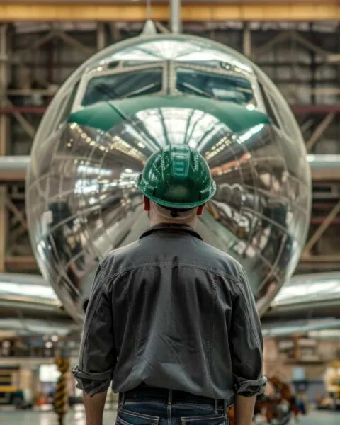 Cambodia Aviation Infrastructure Growth: A worker in a green hard hat stands facing a polished airplane in a hangar, surrounded by industrial equipment and structures.