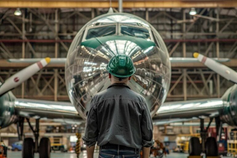 Cambodia Aviation Infrastructure Growth: A worker in a green hard hat stands facing a polished airplane in a hangar, surrounded by industrial equipment and structures.
