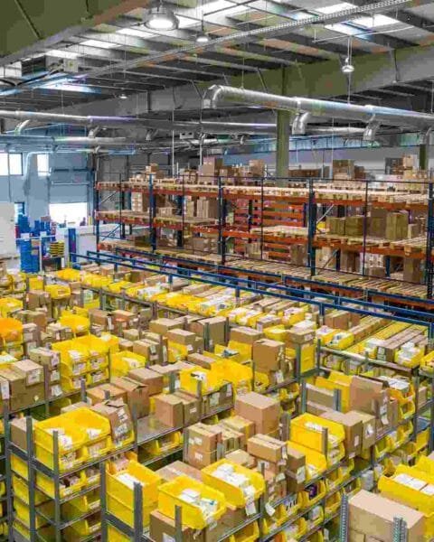 Cambodia Logistics Infrastructure Development: A spacious warehouse filled with yellow bins and stacked boxes on shelves, highlighting an organized distribution environment.