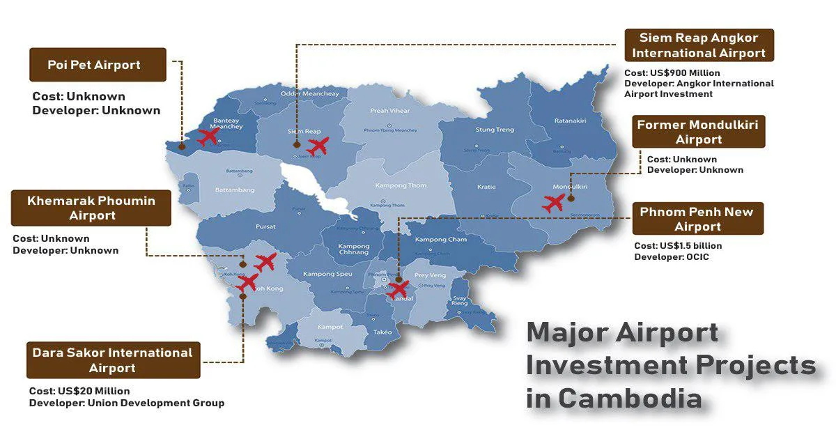 Cambodia Aviation Infrastructure Growth: Map highlighting major airport investment projects in Cambodia, showcasing airport names, costs, and developers.