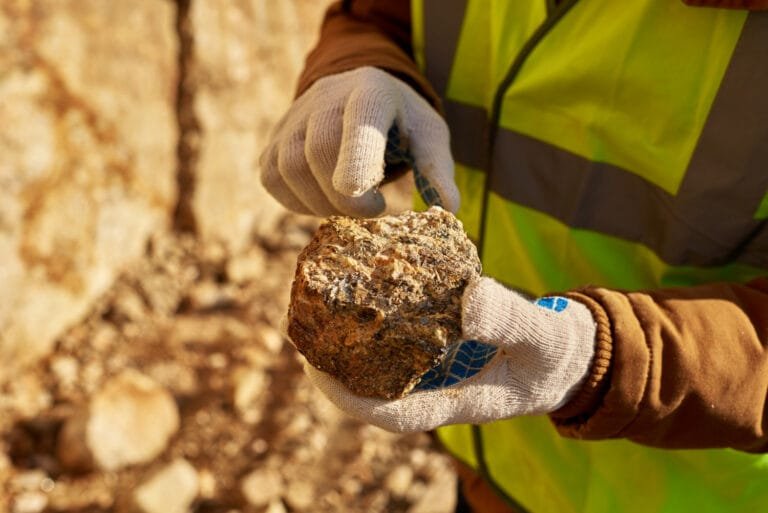 Cambodia Mining Regulatory Reform: A miner in a safety vest examines a rock, showcasing its texture, while outdoors in a mineral-rich environment.