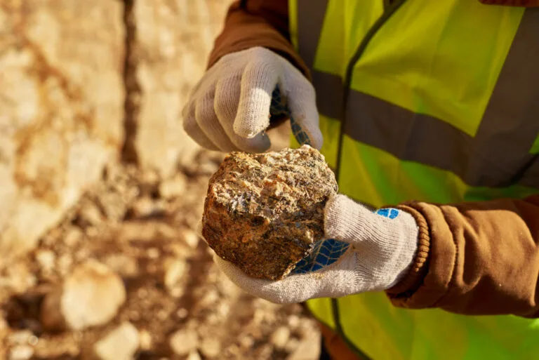 Cambodia Mining Regulatory Reform: A miner in a safety vest examines a rock, showcasing its texture, while outdoors in a mineral-rich environment.