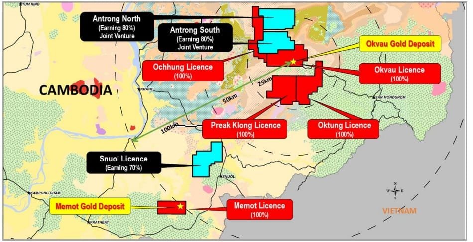 Cambodia Mining Sector Outlook: Map of Cambodia highlighting gold licenses and deposits, including Antrong, Ochhung, Okvau, and Memot, with joint venture details.