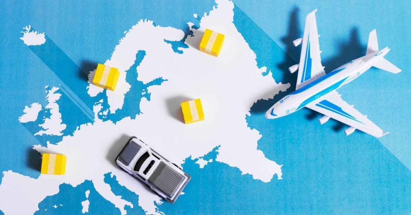 Cambodia Export Tariff Risk: A toy car and airplane are positioned on a stylized map of Europe with yellow boxes representing shipments.