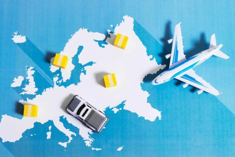Cambodia Export Tariff Risk: A toy car and airplane are positioned on a stylized map of Europe with yellow boxes representing shipments.