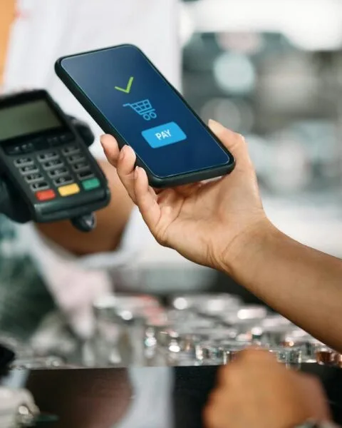 Cambodia Mobile Payments Surge: A customer using a smartphone for contactless payment at a checkout counter, with a card reader in the foreground.