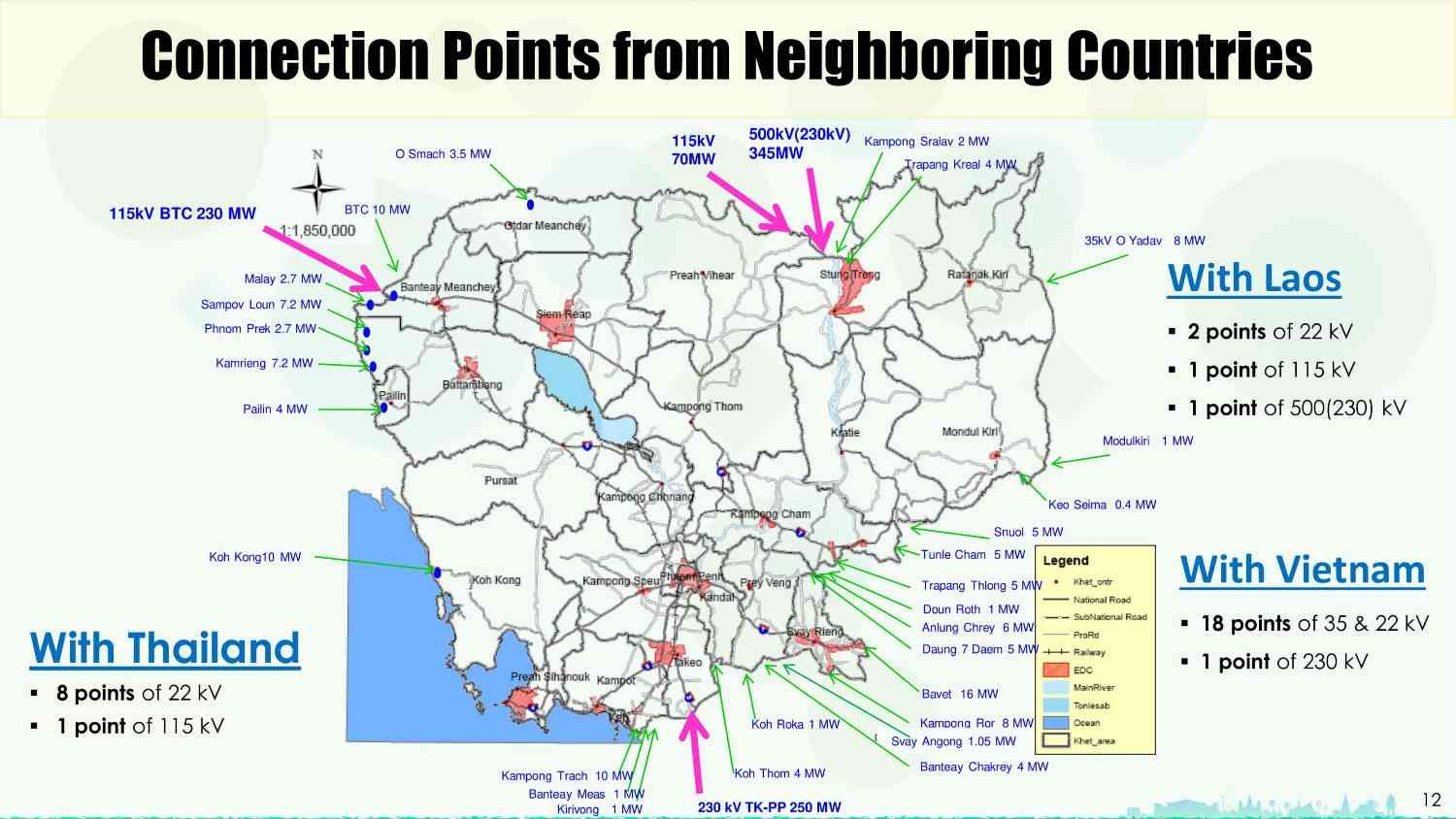 Cambodia Energy Deal Watch: Map depicting electrical connection points between Cambodia and neighboring countries: Thailand, Laos, and Vietnam, with specific power capacities noted.