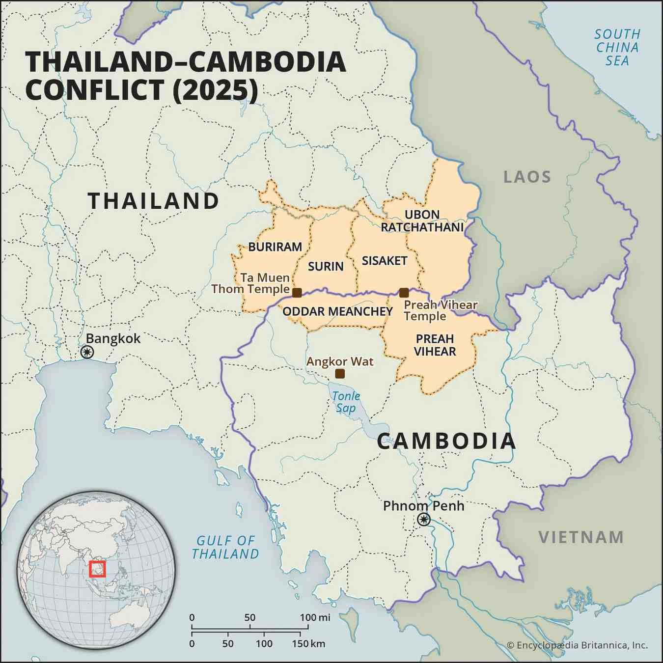 Cambodia Border Trade Tensions: Map illustrating the Thailand-Cambodia conflict in 2025, highlighting key regions and historical sites involved in the dispute.