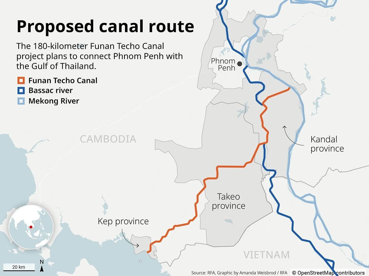 Funan Techo Canal progress: Map detailing the proposed Funan Techo Canal route connecting Phnom Penh to the Gulf of Thailand, highlighting key rivers.