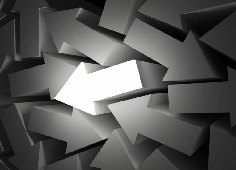 Cambodia's economic diversification: A standout white arrow among overlapping gray arrows, symbolizing direction and focus amid confusion.